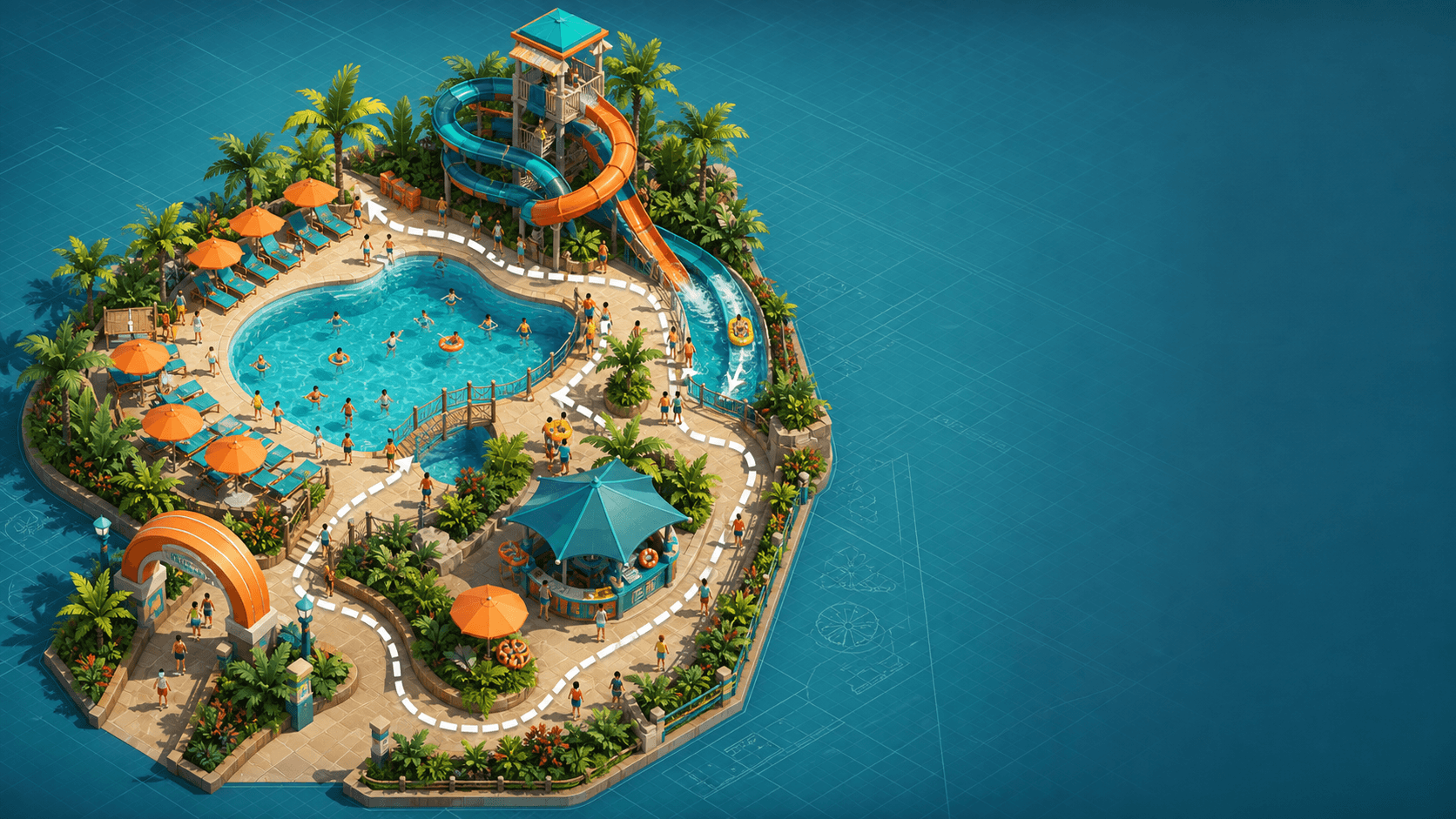 Original editorial illustration of a compact waterpark route linking entry, activity, support and onward movement.