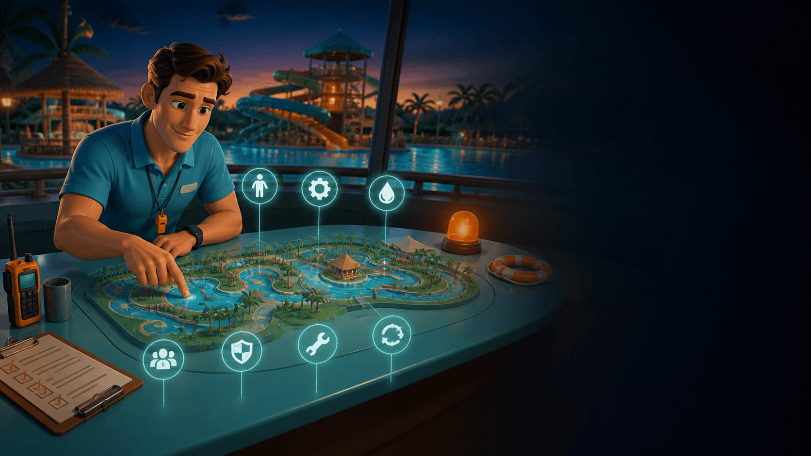 Original editorial illustration of a player checking a generic settings map beside a waterpark.