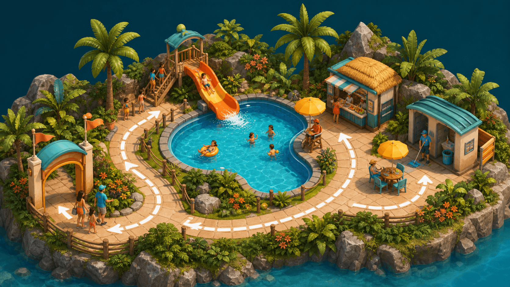 Original isometric illustration of a compact waterpark route connecting an entrance, pool, support area, and cleaning point.