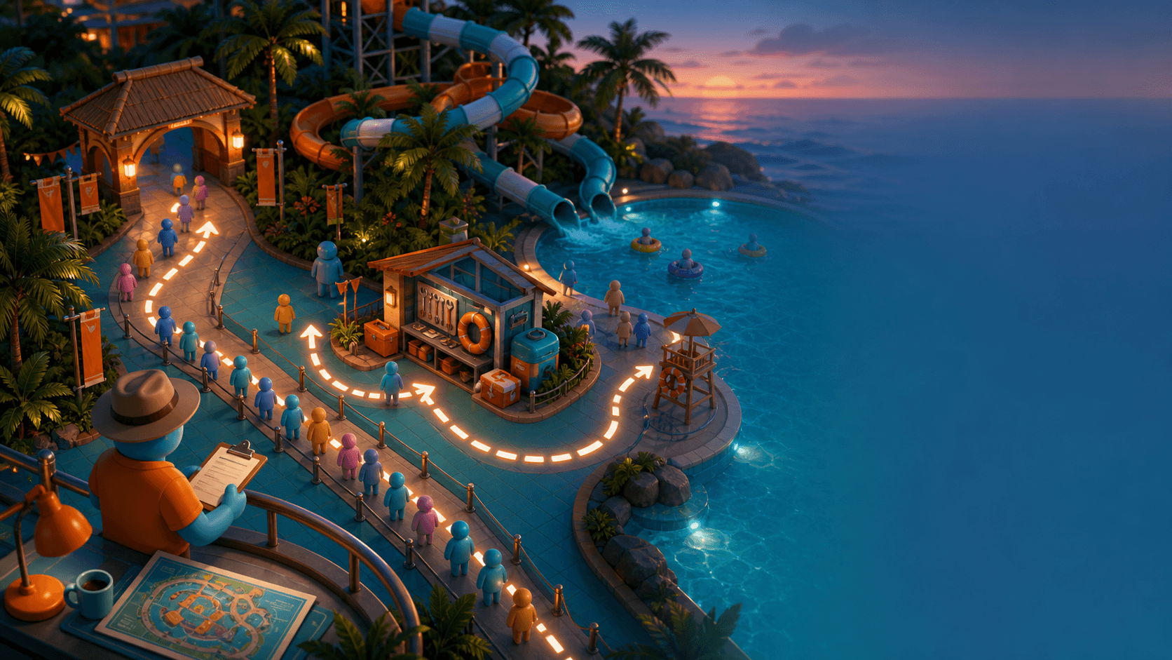 Original editorial illustration of a waterpark operator tracing a guest route and maintenance point.