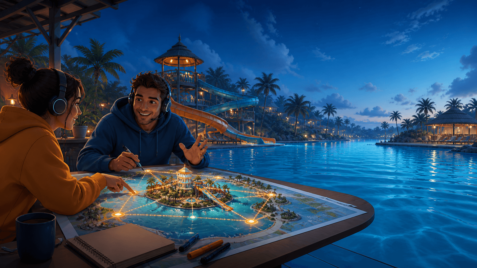 Original editorial illustration of two players planning a shared waterpark route.